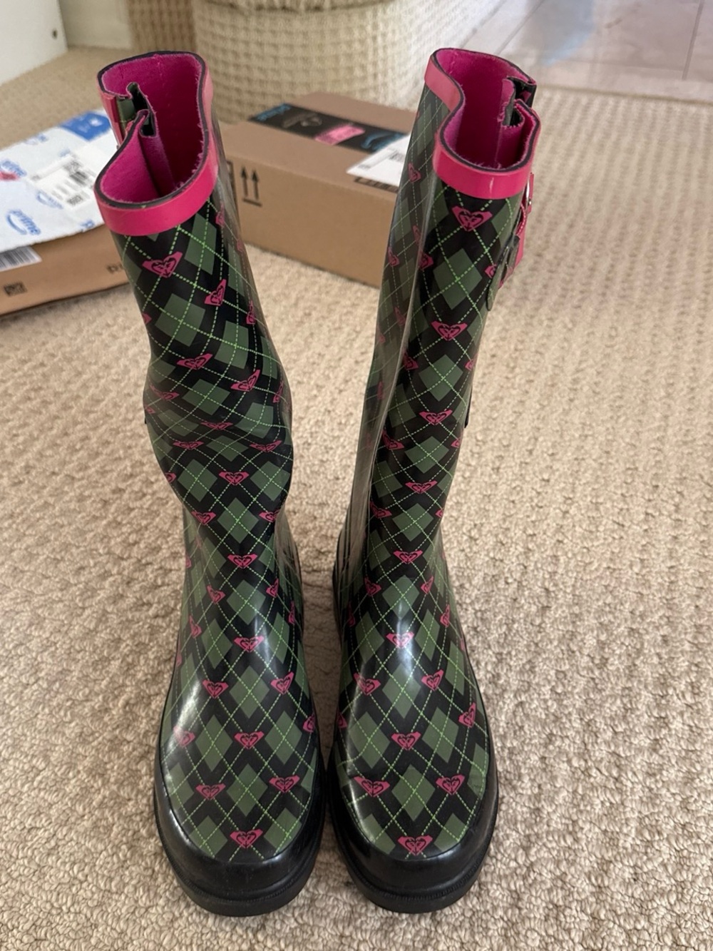 Roxy Green Argyle Rain Boots with Pink Trim